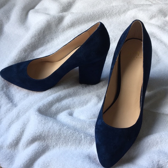 blue suede block heel pumps